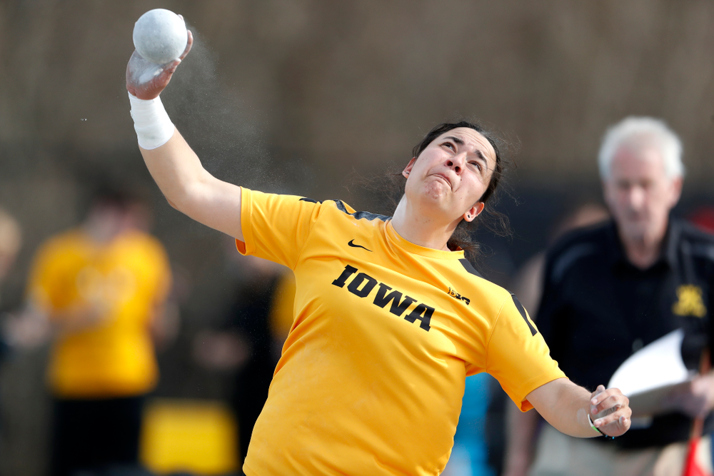 Iowa's Konstadina Spanoudakis competes in the shot put during the 2018 MUSCO Twilight Invitational Thursday, April 12, 2018 at the Cretzmey