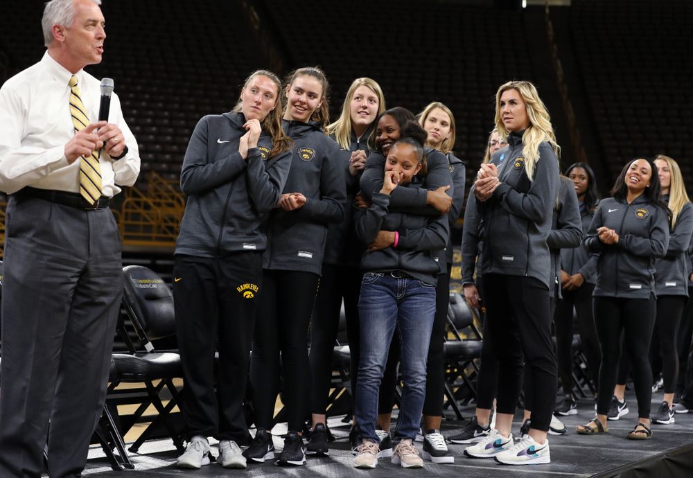 Henry B. and Patricia B. Tippie Director of Athletics Chair announces that the jersey of Iowa Hawkeyes forward Megan Gustafson (10) will be retired at a ceremony next season during the teamÕs Celebr-Eight event Wednesday, April 24, 2019 at Carver-Hawkeye Arena. (Brian Ray/hawkeyesports.com)