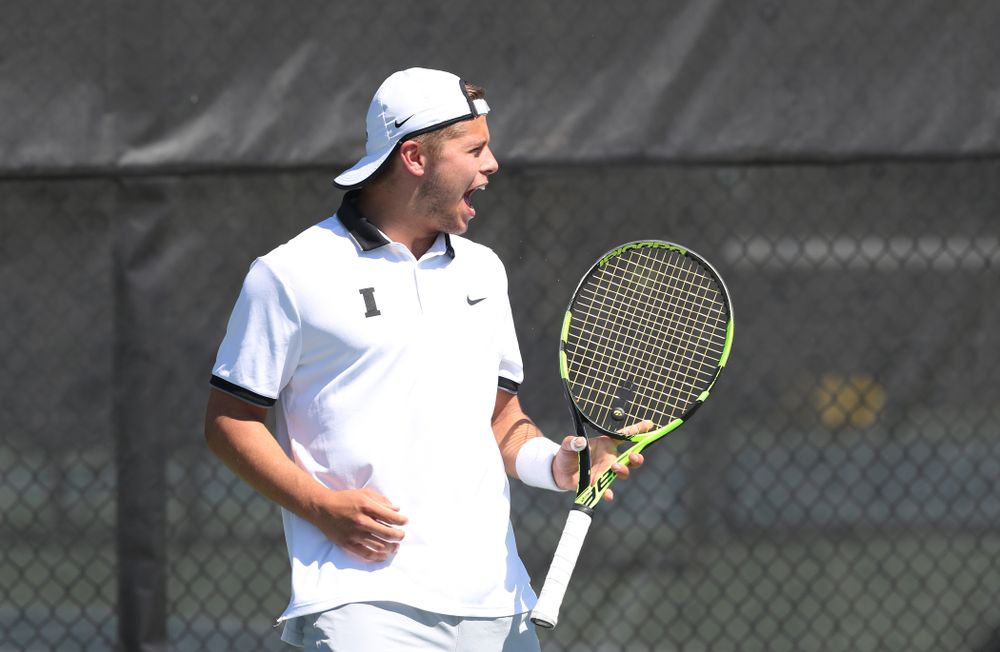 IowaÕs Oliver Okonkwo and Will Davies play a doubles match against the Michigan Wolverines Sunday, April 21, 2019 at the Hawkeye Tennis and Recreation Complex. (Brian Ray/hawkeyesports.com)