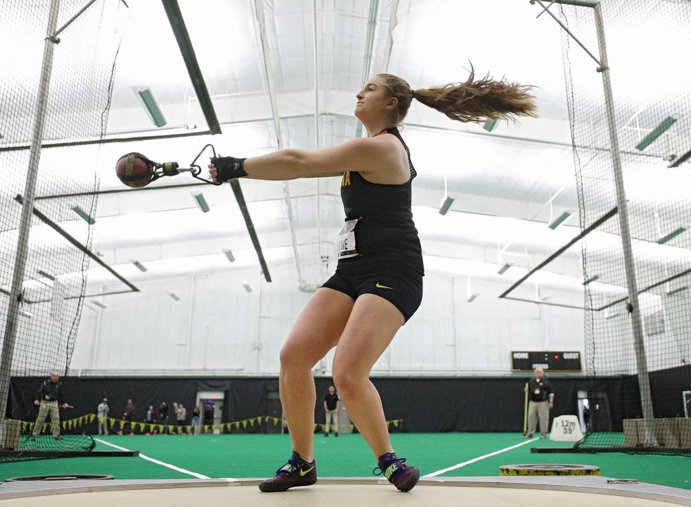 Iowa’s Amanda Howe throws in the women’s weight throw event during the Larry Wieczorek Invitational at the Hawkeye Tennis and Recreation Complex in Iowa City on Friday, January 17, 2020. (Stephen Mally/hawkeyesports.com)