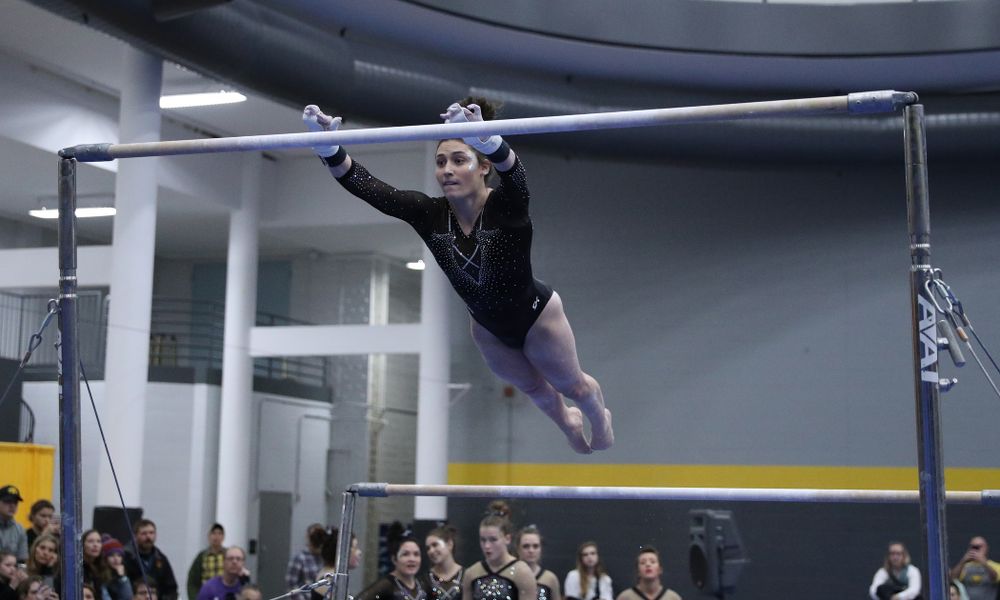 Jax Kranitz competes on the bars during the Black and Gold intrasquad meet Saturday, December 1, 2018 at the University of Iowa Field House. (Brian Ray/hawkeyesports.com)