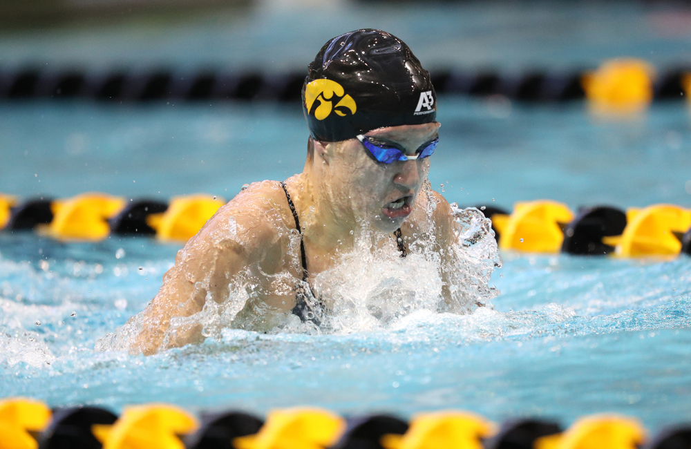 Iowa's Sage Ohlensehlen swims the breaststroke leg of the 200 yard medley relay during a double dual against Wisconsin and Northwestern Saturday, January 19, 2019 at the Campus Recreation and Wellness Center. (Brian Ray/hawkeyesports.com)