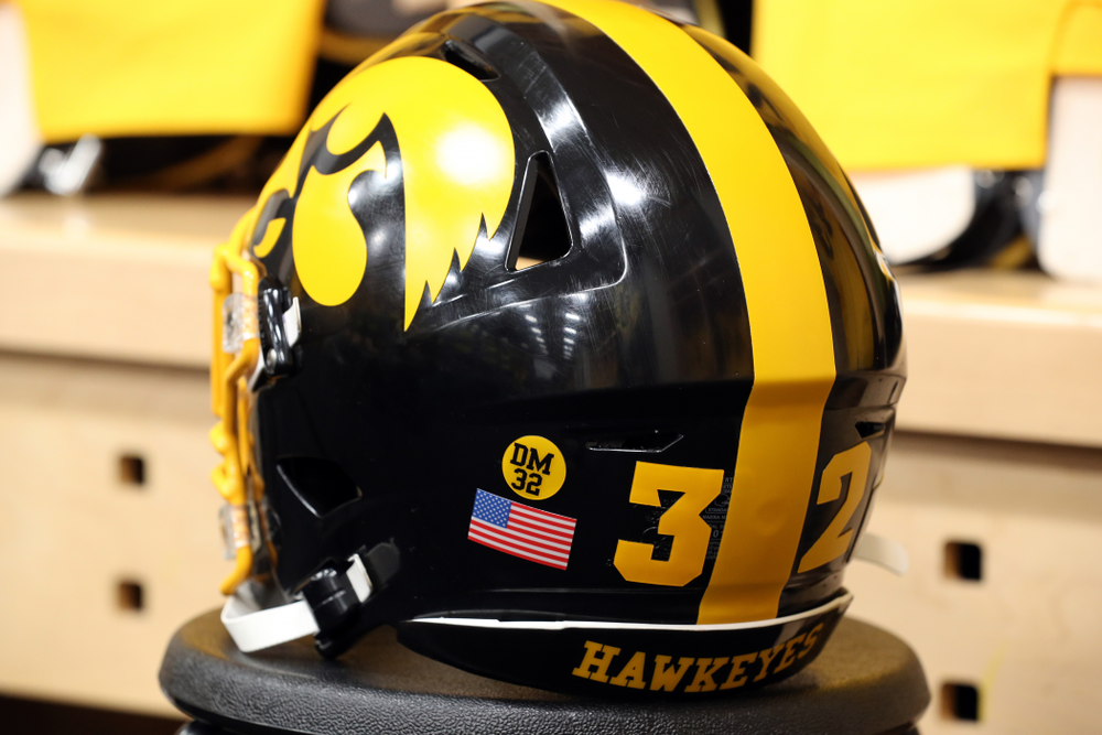 The Iowa Hawkeyes will wear a sticker in remembrance of former player Derrick Mitchell Jr. against the Penn State Nittany Lions Saturday, October 12, 2019 at Kinnick Stadium. (Brian Ray/hawkeyesports.com)