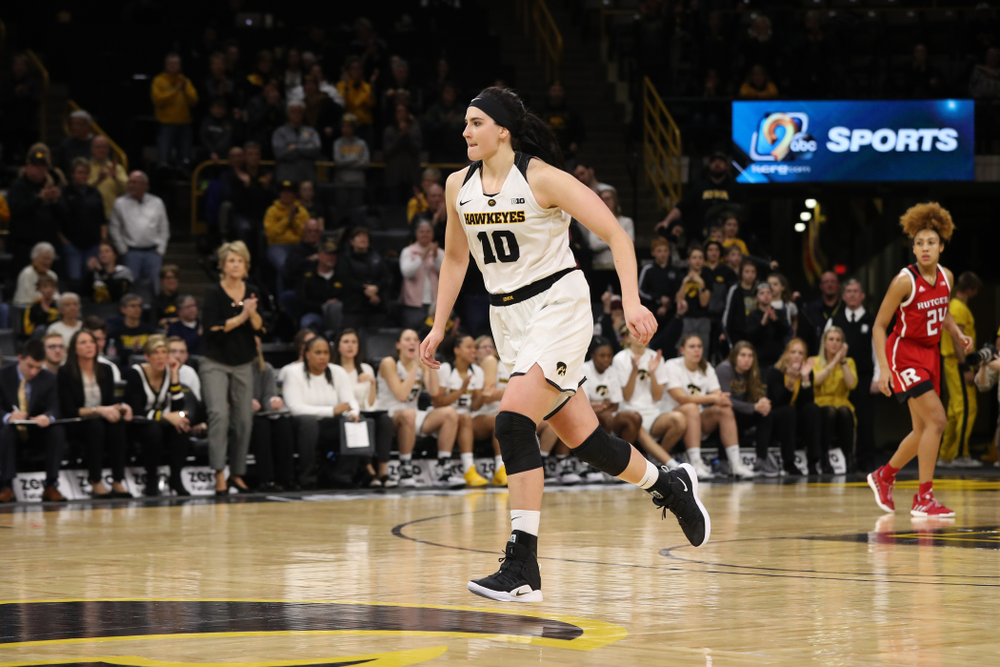 Iowa Hawkeyes forward Megan Gustafson (10) against the Rutgers Scarlet Knights Wednesday, January 23, 2019 at Carver-Hawkeye Arena. (Brian Ray/hawkeyesports.com)