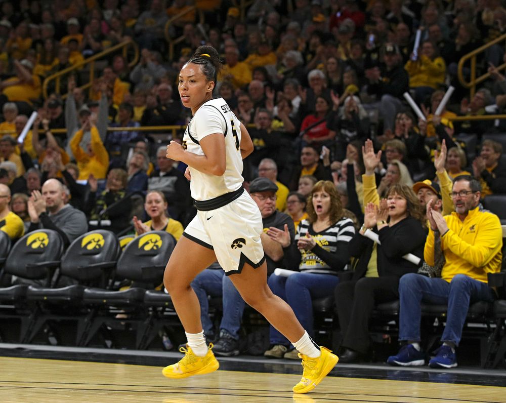 Iowa Hawkeyes guard Alexis Sevillian (5) runs down the court after making a 3-pointer during the first quarter of the game at Carver-Hawkeye Arena in Iowa City on Thursday, February 6, 2020. (Stephen Mally/hawkeyesports.com)