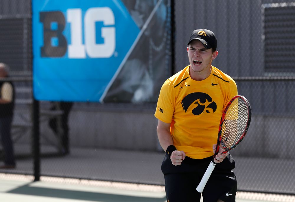 Jonas Larsen against Northwestern in the first round of the 2018 Big Ten Men's Tennis Tournament Thursday, April 26, 2018 at the Hawkeye Tennis and Recreation Complex. (Brian Ray/hawkeyesports.com)
