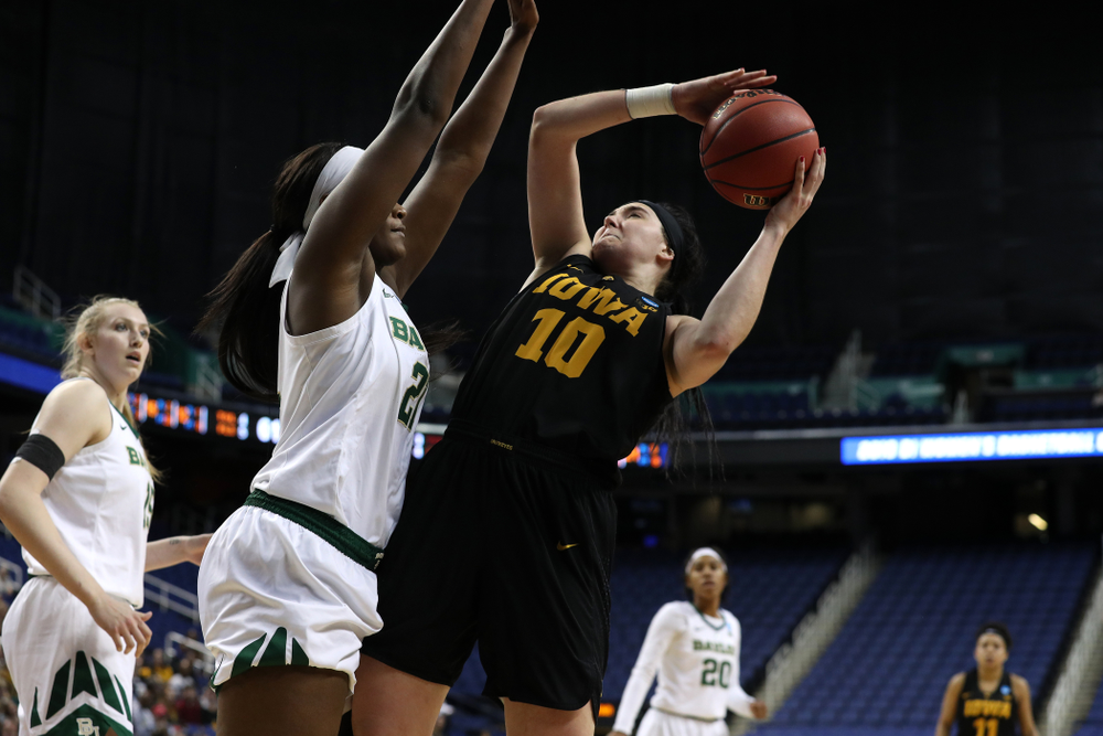 Iowa Hawkeyes forward Megan Gustafson (10) against the Baylor Lady Bears in the regional final of the 2019 NCAA Women's College Basketball Tournament Monday, April 1, 2019 at Greensboro Coliseum in Greensboro, NC.(Brian Ray/hawkeyesports.com)