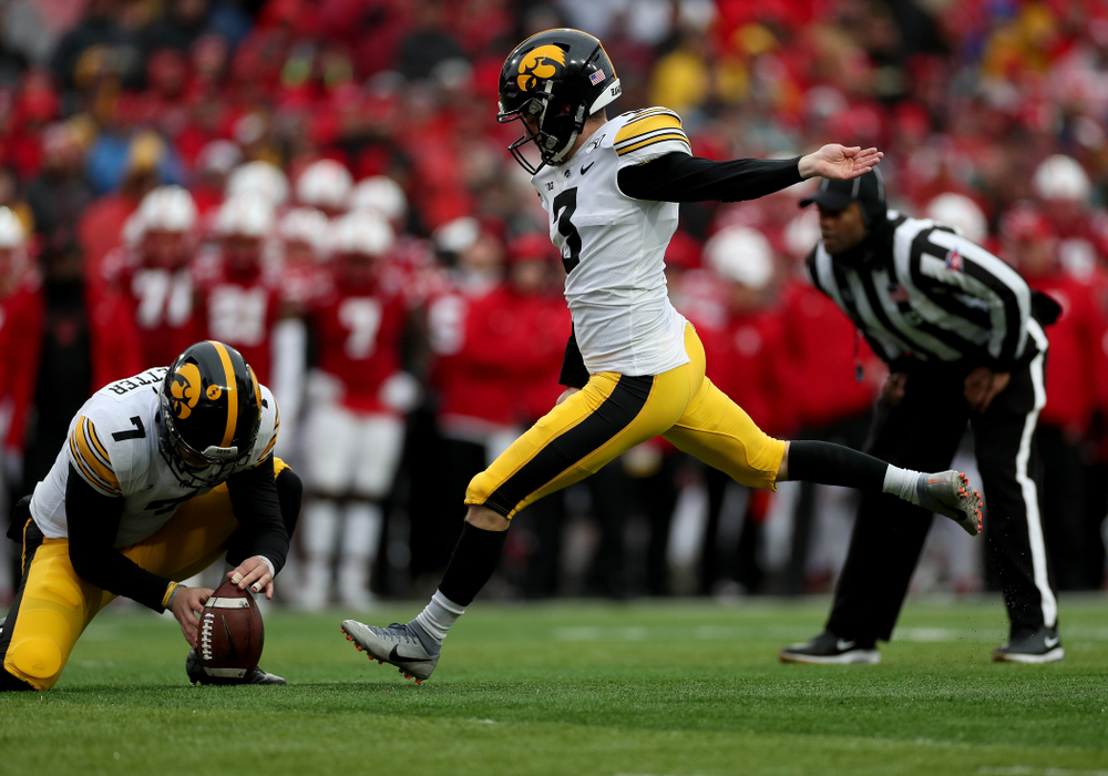 Iowa Hawkeyes place kicker Keith Duncan (3) and punter Colten Rastetter (7) against the Nebraska Cornhuskers Friday, November 29, 2019 at Memorial Stadium in Lincoln, Neb. (Brian Ray/hawkeyesports.com)