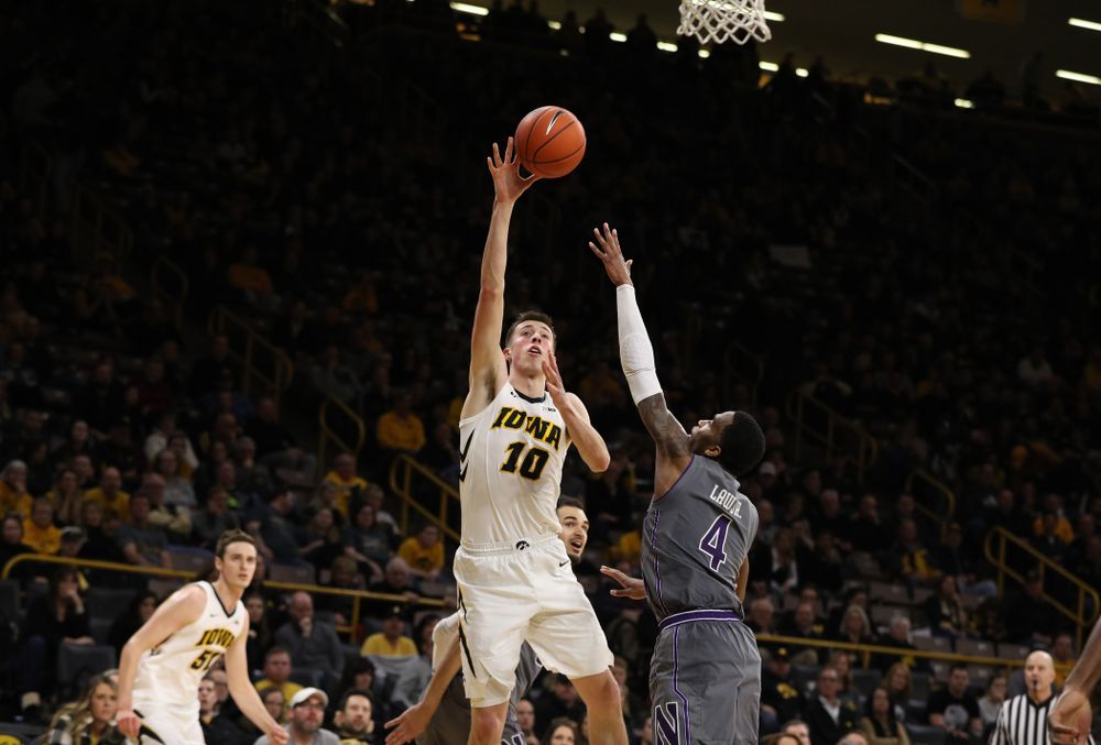 Iowa Hawkeyes guard Joe Wieskamp (10) against the Northwestern Wildcats Sunday, February 10, 2019 at Carver-Hawkeye Arena. (Brian Ray/hawkeyesports.com)