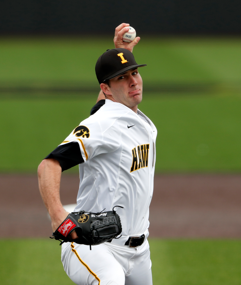 Iowa Hawkeyes pitcher Nick Allgeyer (24) during a double header against the Indiana Hoosiers Friday, March 23, 2018 at Duane Banks Field. (Brian Ray/hawkeyesports.com)