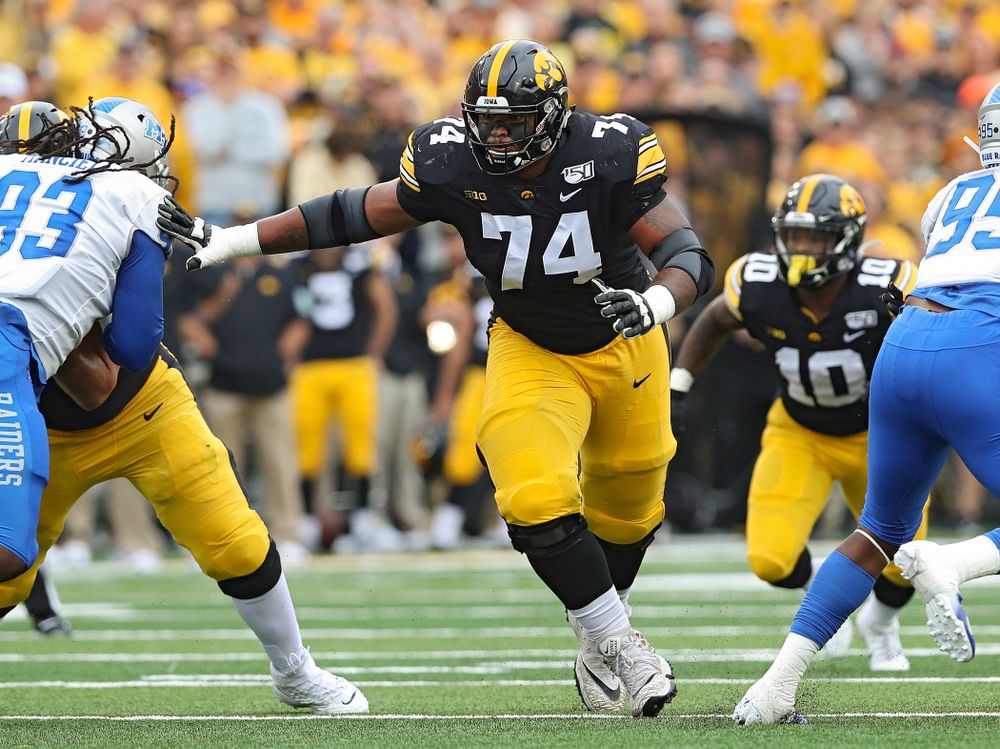 Iowa Hawkeyes offensive lineman Tristan Wirfs (74) looks to block during the first quarter of their game at Kinnick Stadium in Iowa City on Saturday, Sep 28, 2019. (Stephen Mally/hawkeyesports.com)