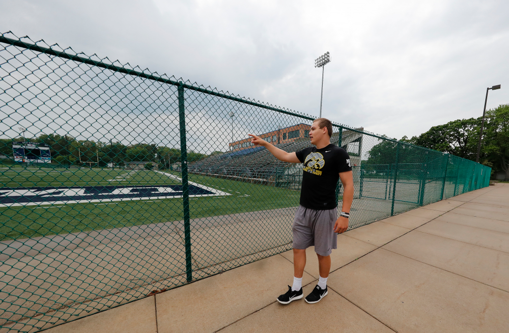 Iowa Hawkeyes quarterback Nathan Stanley (4) talks about his memories of playing high school football on the field at the University of WisconsinÐStout Wednesday, May 30, 2018 in Menomonie, Wisc. (Brian Ray/hawkeyesports.com)