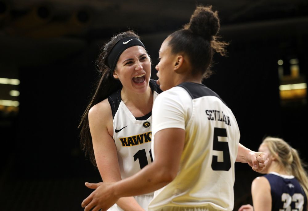 Iowa Hawkeyes forward Megan Gustafson (10) and guard Alexis Sevillian (5) against Oral Roberts University Friday, November 9, 2018 at Carver-Hawkeye Arena. (Brian Ray/hawkeyesports.com)