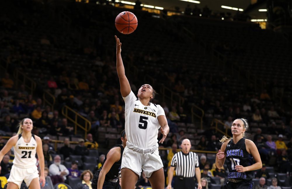 Iowa Hawkeyes guard Alexis Sevillian (5) against Dakota Wesleyan University Tuesday, November 6, 2018 at Carver-Hawkeye Arena. (Brian Ray/hawkeyesports.com)