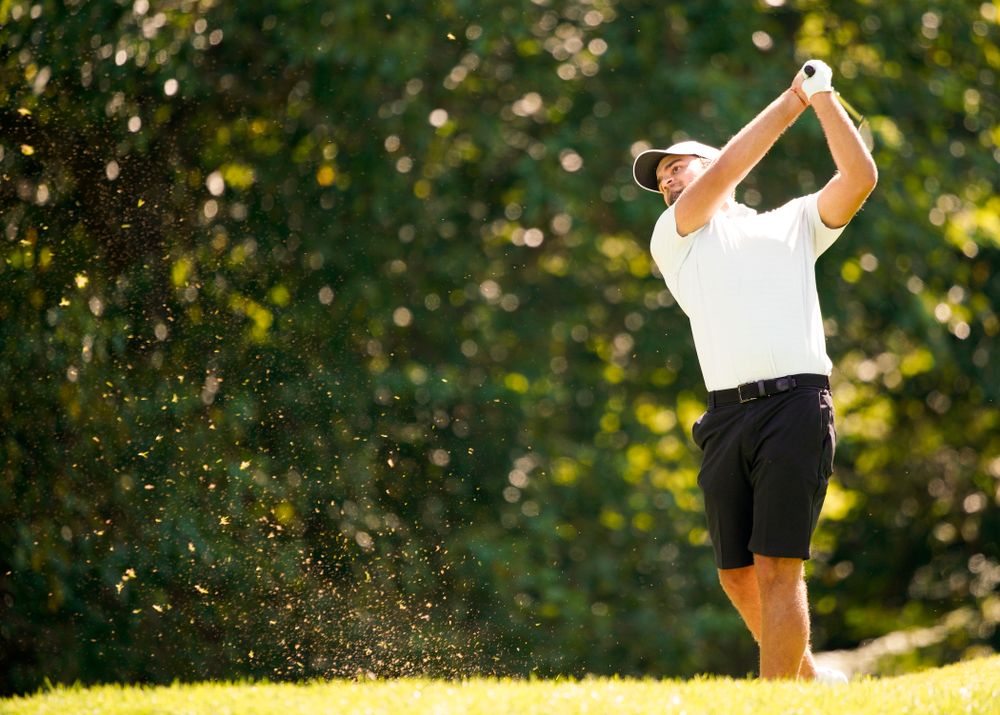 Iowa’s Gonzalo Leal tees off during the second day of the Golfweek Conference Challenge at the Cedar Rapids Country Club in Cedar Rapids on Monday, Sep 16, 2019. (Stephen Mally/hawkeyesports.com)