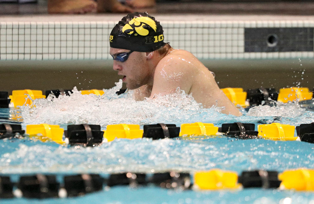 Iowa’s Caleb Babb swims the men’s 200-yard breaststroke event during their meet against Michigan State and Northern Iowa at the Campus Recreation and Wellness Center in Iowa City on Friday, Oct 4, 2019. (Stephen Mally/hawkeyesports.com)