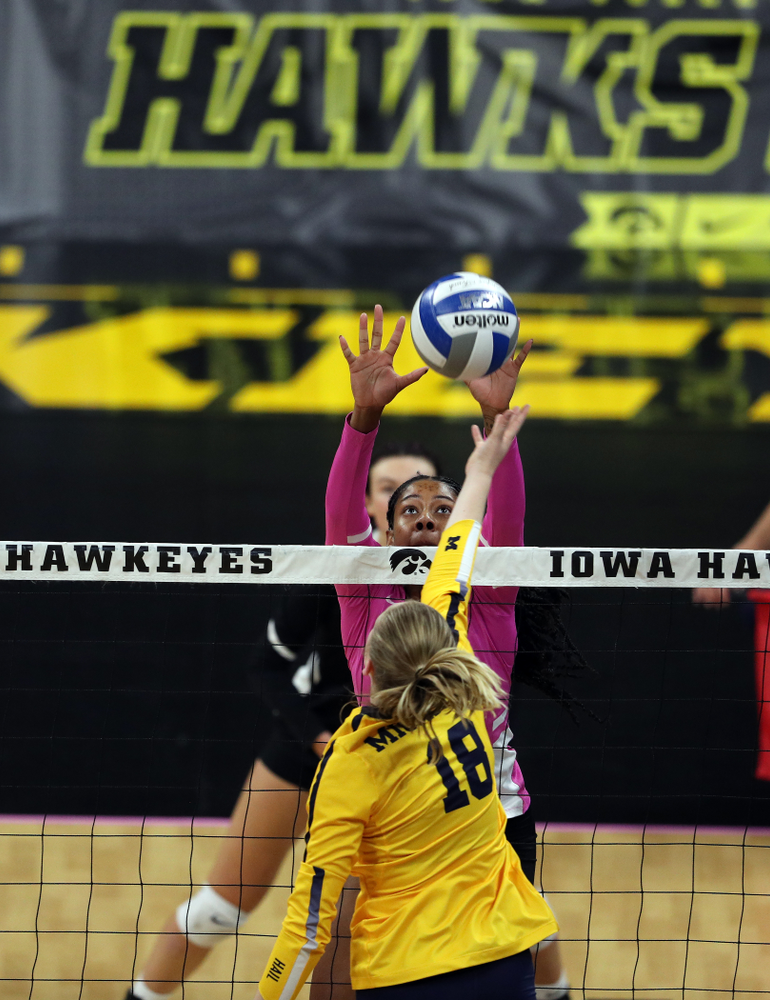 Iowa Hawkeyes outside hitter Griere Hughes (10) against the Michigan Wolverines Friday, October 11, 2019 at Carver-Hawkeye Arena.(Brian Ray/hawkeyesports.com)