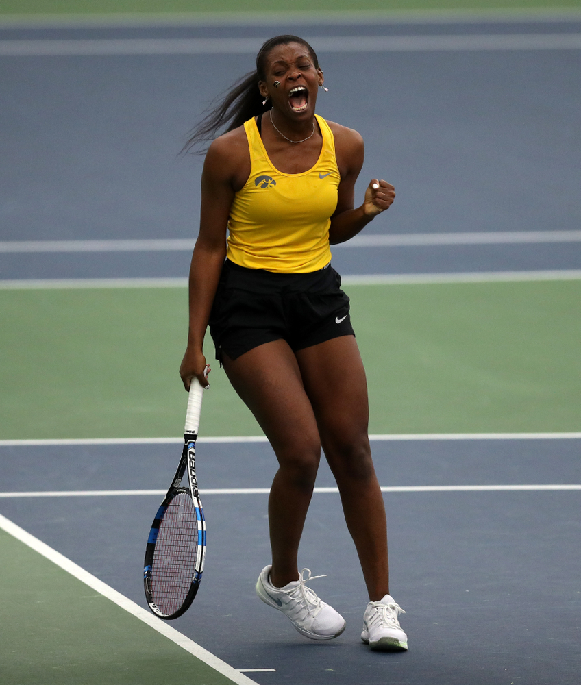 Iowa's Adorabol Huckleby against the Iowa State Cyclones Friday, February 8, 2019 at the Hawkeye Tennis and Recreation Complex. (Brian Ray/hawkeyesports.com)