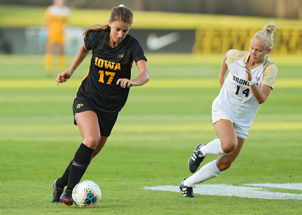 Iowa defender Hannah Drkulec (17) moves with the ball during the first half of their match against Western Michigan at the Iowa Soccer Complex in Iowa City on Thursday, Aug 22, 2019. (Stephen Mally/hawkeyesports.com)