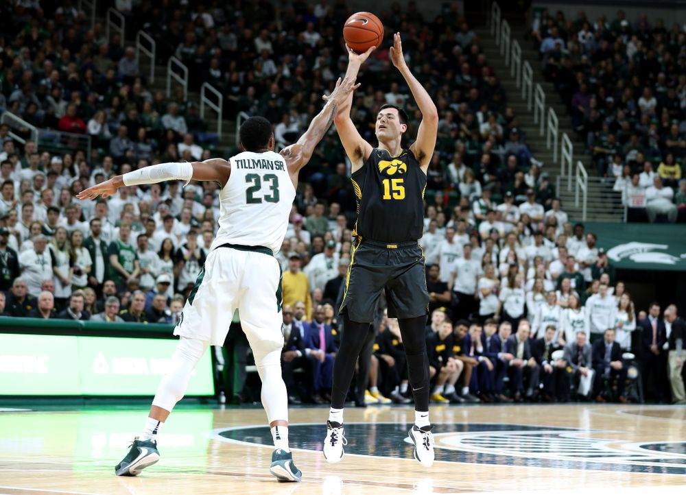 Iowa Hawkeyes forward Ryan Kriener (15) against Michigan State Tuesday, February 25, 2020 at the Breslin Center in East Lansing, MI. (Brian Ray/hawkeyesports.com)