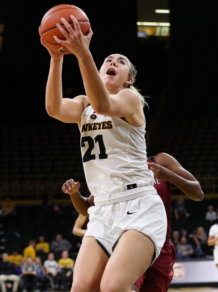 Iowa Hawkeyes forward Hannah Stewart (21) goes up for a shot during a game against North Carolina Central at Carver-Hawkeye Arena on November 17, 2018. (Tork Mason/hawkeyesports.com)