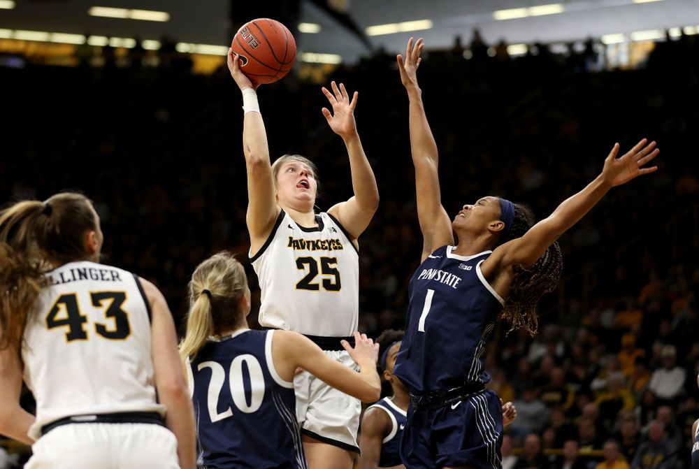 Iowa Hawkeyes forward/center Monika Czinano (25) against Penn State Saturday, February 22, 2020 at Carver-Hawkeye Arena. (Brian Ray/hawkeyesports.com)