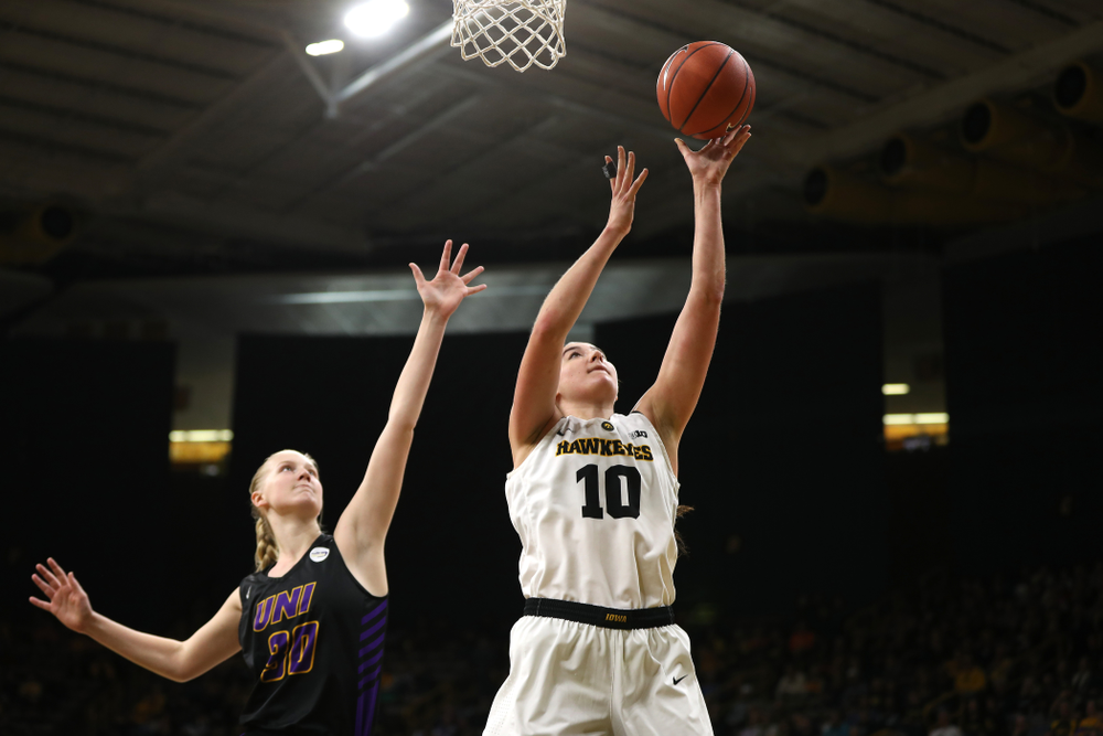 Iowa Hawkeyes forward Megan Gustafson (10) against the Northern Iowa Panthers in the Hy-Vee Classic Sunday, December 16, 2018 at Carver-Hawkeye Arena. (Brian Ray/hawkeyesports.com)