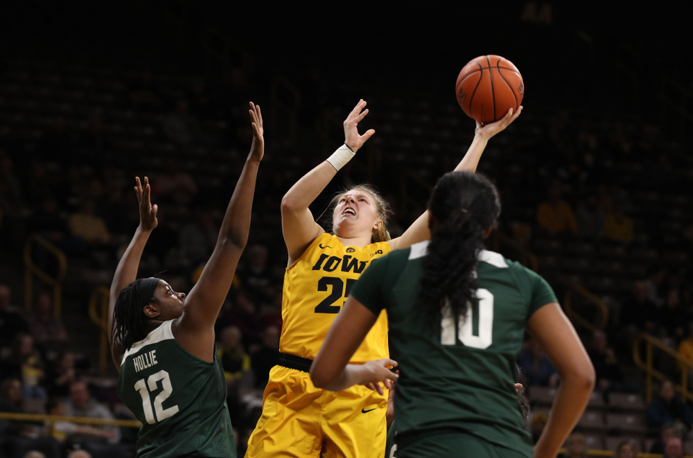 Iowa Hawkeyes forward/center Monika Czinano (25) against the Michigan State Spartans Thursday, February 7, 2019 at Carver-Hawkeye Arena. (Brian Ray/hawkeyesports.com)