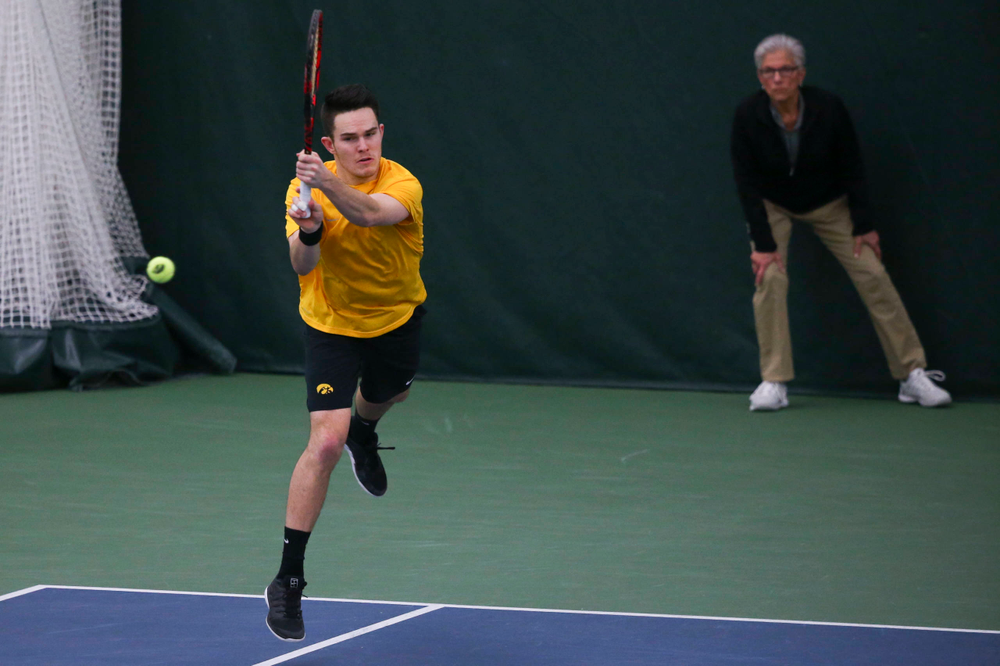 Iowa's Jonas Larsen at a tennis match vs Drake Friday, March 8, 2019 at the Hawkeye Tennis and Recreation Complex. (Lily Smith/hawkeyesports.com)