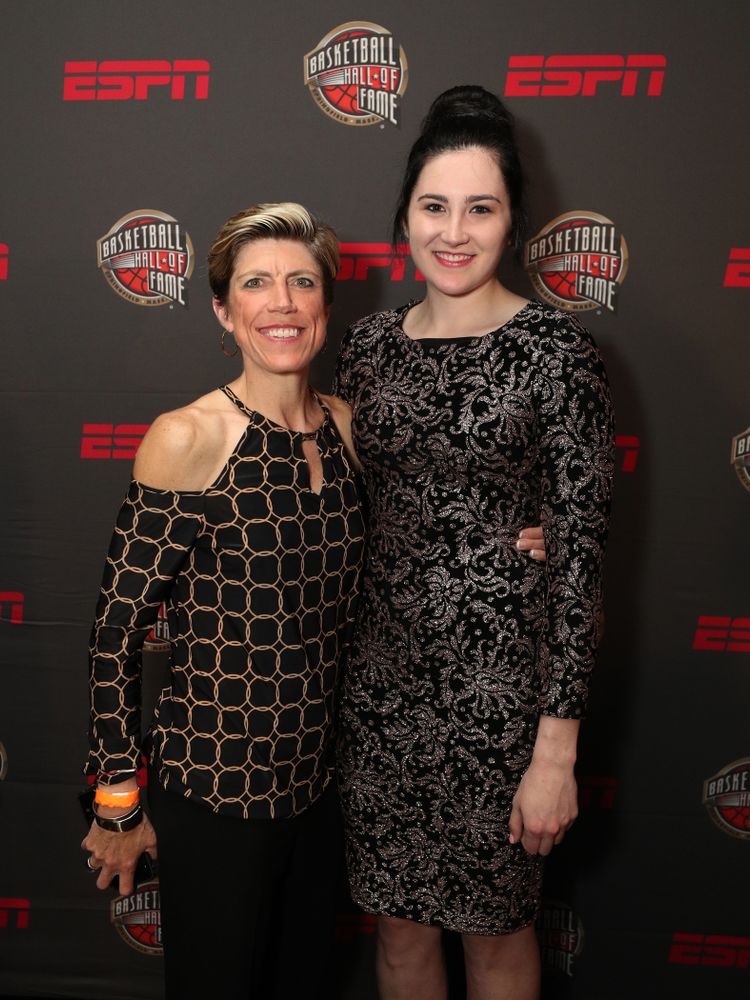 Iowa Hawkeyes forward Megan Gustafson (10) and associate head coach Jan Jensen on the red carpet before the ESPN College Basketball Awards show Friday, April 12, 2019 at The Novo at LA Live. (Brian Ray/hawkeyesports.com)