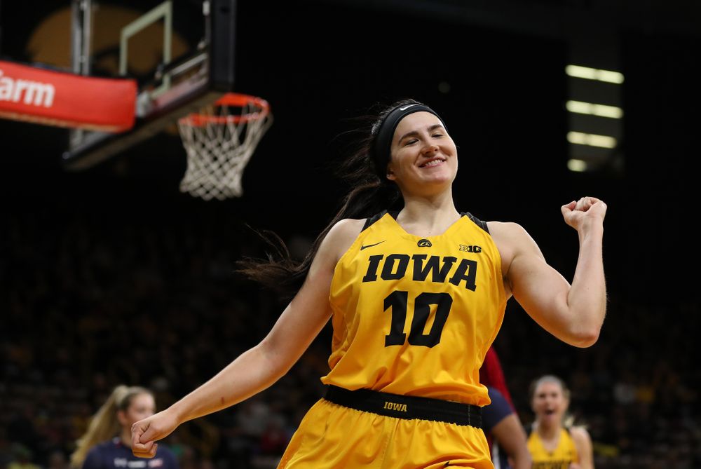 Iowa Hawkeyes forward Megan Gustafson (10) against the Robert Morris Colonials Sunday, December 2, 2018 at Carver-Hawkeye Arena. (Brian Ray/hawkeyesports.com)