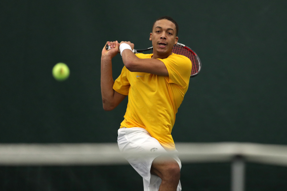 Oliver Okonkwo against Utah Sunday, February 10, 2019 at the Hawkeye Tennis and Recreation Complex. (Brian Ray/hawkeyesports.com)