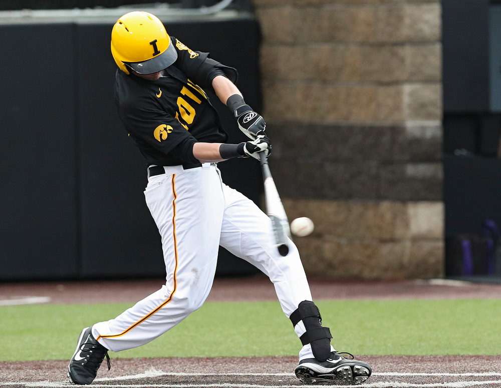 Iowa Hawkeyes left fielder Chris Whelan (28) bats during the second inning of their game against Western Illinois at Duane Banks Field in Iowa City on Wednesday, May. 1, 2019. (Stephen Mally/hawkeyesports.com)