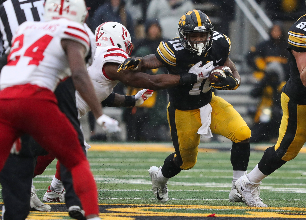 Iowa Hawkeyes running back Mekhi Sargent (10) runs the ball during a game against Nebraska at Kinnick Stadium on November 23, 2018. (Tork Mason/hawkeyesports.com)