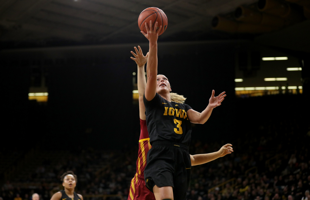Iowa Hawkeyes guard Makenzie Meyer (3) against the Iowa State Cyclones in the Iowa Corn Cy-Hawk Series Wednesday, December 5, 2018 at Carver-Hawkeye Arena. (Brian Ray/hawkeyesports.com)