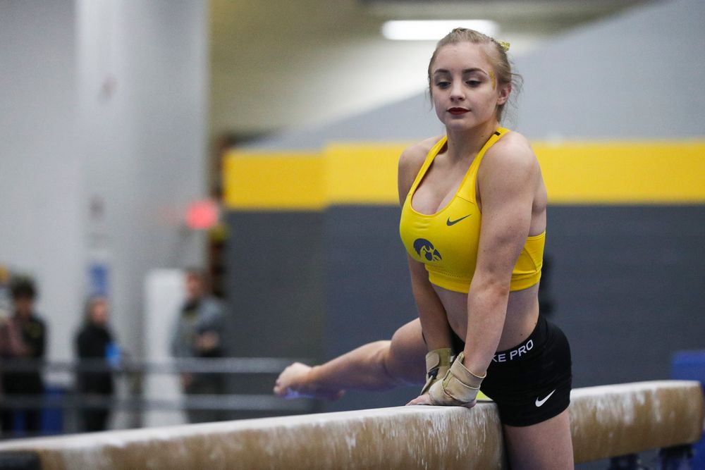 Lauren Guerin performs on the beam during the Iowa women’s gymnastics Black and Gold Intraquad Meet on Saturday, December 7, 2019 at the UI Field House. (Lily Smith/hawkeyesports.com)