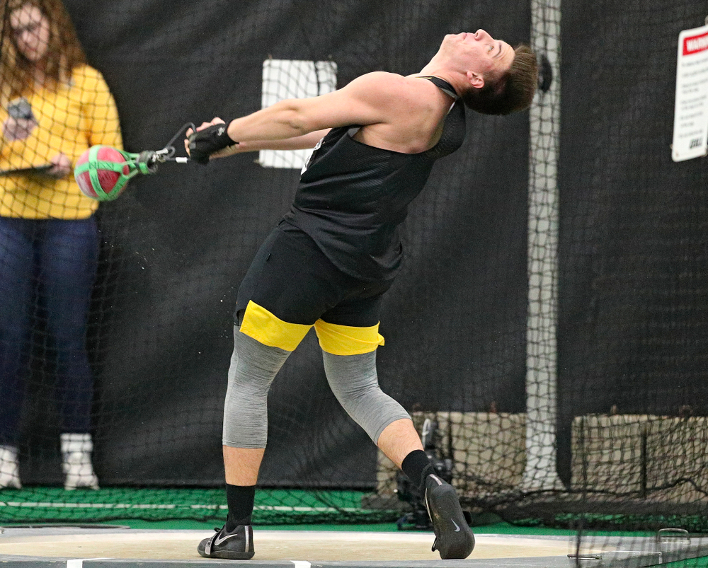 Iowa’s Jordan Johnson throws during the men’s weight throw event at the Hawkeye Tennis and Recreation Complex in Iowa City on Friday, January 31, 2020. (Stephen Mally/hawkeyesports.com)