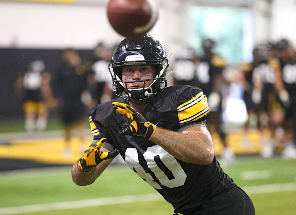 Iowa Hawkeyes fullback Turner Pallissard (40) pulls in a pass during Fall Camp Practice No. 9 at the Hansen Football Performance Center in Iowa City on Monday, Aug 12, 2019. (Stephen Mally/hawkeyesports.com)