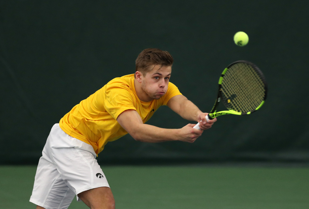 Will Davies against Utah Sunday, February 10, 2019 at the Hawkeye Tennis and Recreation Complex. (Brian Ray/hawkeyesports.com)