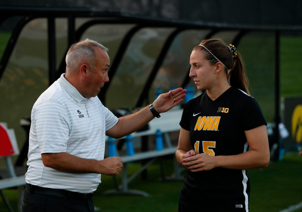 Iowa Hawkeyes head coach Dave DiIanni and Rose Ripslinger (15) against the Purdue Boilermakers Thursday, September 20, 2018 at the Iowa Soccer Complex. (Brian Ray/hawkeyesports.com)