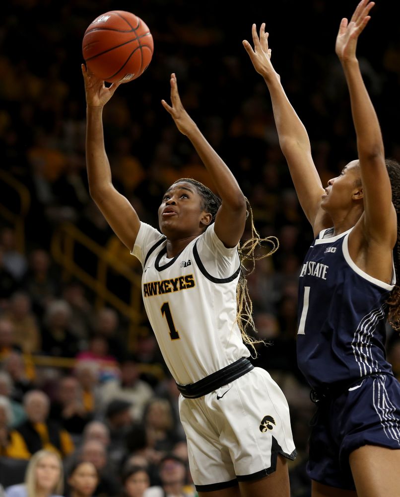 Iowa Hawkeyes guard Tomi Taiwo (1) against Penn State Saturday, February 22, 2020 at Carver-Hawkeye Arena. (Brian Ray/hawkeyesports.com)