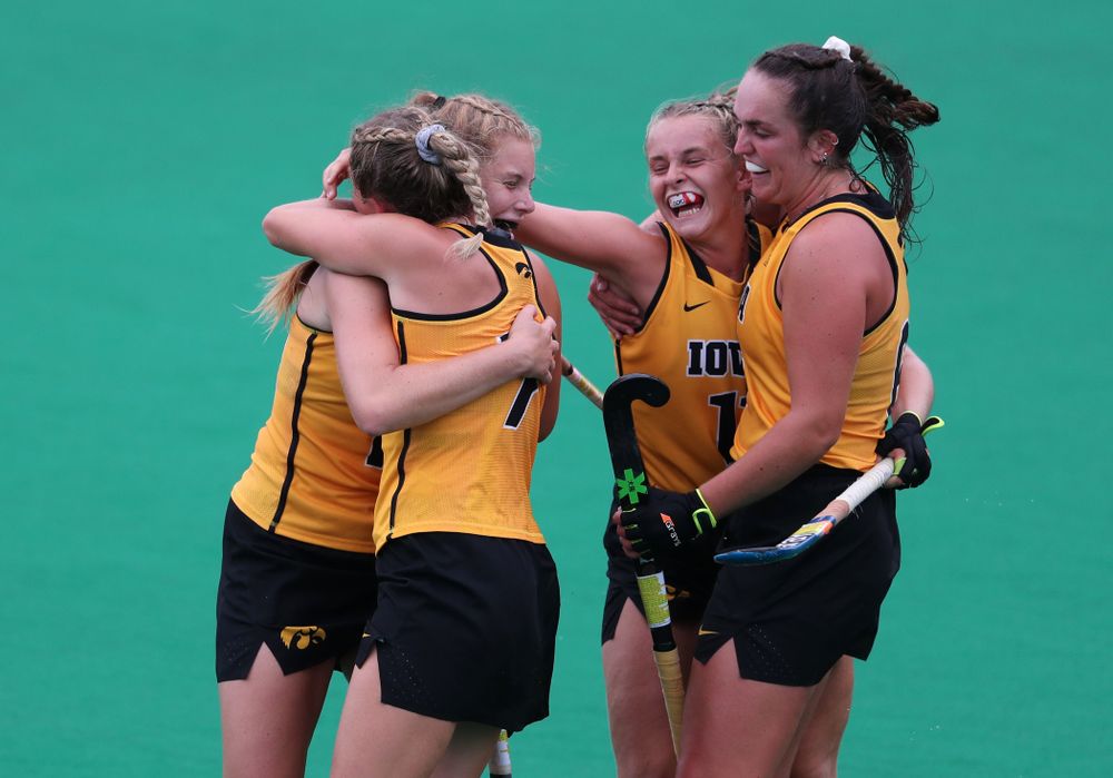Iowa Hawkeyes Katie Birch (11) and defenseman Anthe Nijziel (6) celebrate a goal against Columbia Sunday, September 8, 2019 at Grant Field. (Brian Ray/hawkeyesports.com)