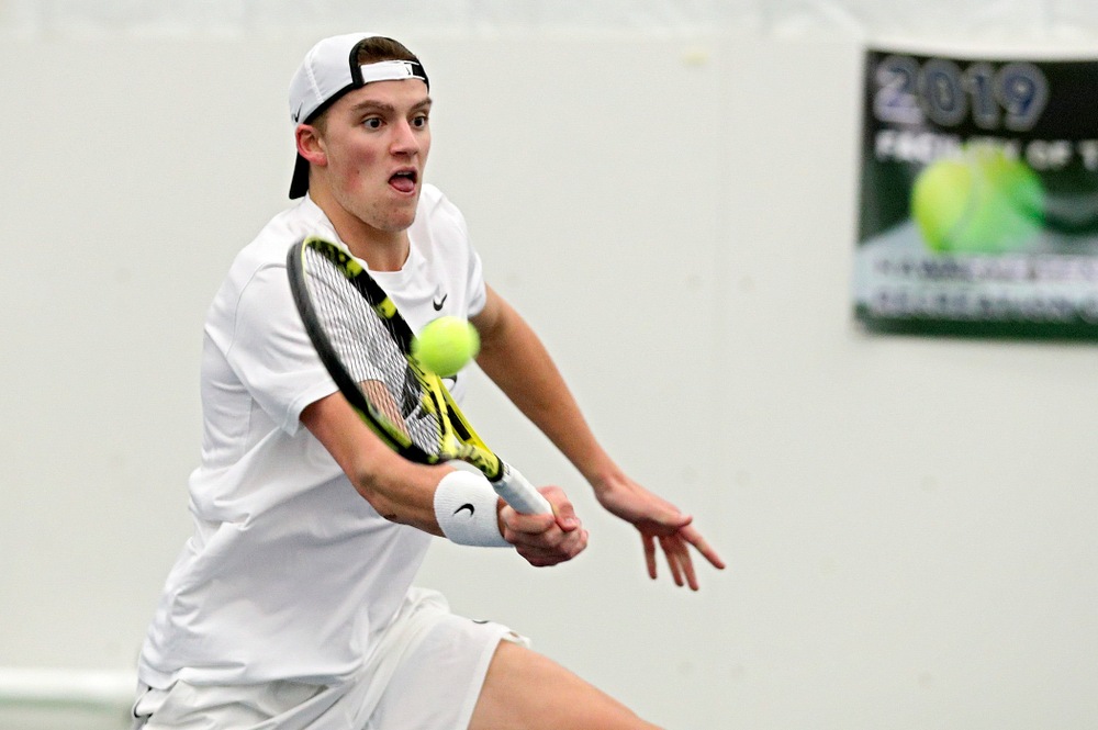 Iowa’s Joe Tyler returns a shot during his singles match at the Hawkeye Tennis and Recreation Complex in Iowa City on Sunday, February 16, 2020. (Stephen Mally/hawkeyesports.com)