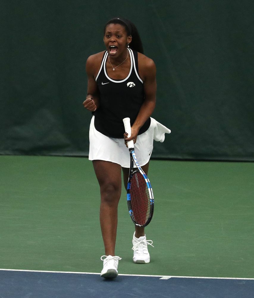 Iowa's Adorabol Huckleby during a doubles match against North Texas Sunday, January 20, 2019 at the Hawkeye Tennis and Recreation Center. (Brian Ray/hawkeyesports.com)