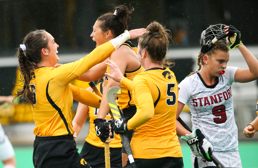Iowa Hawkeyes defender Anthe Nijziel (6) and Iowa Hawkeyes forward Mya Christopher (18) celebrate after Christopher's goal during a game against Stanford at Grant Field on October 7, 2018. (Tork Mason/hawkeyesports.com)
