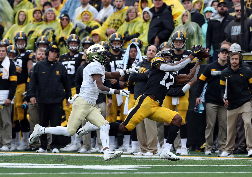Iowa Hawkeyes wide receiver Brandon Smith (12) against the Purdue Boilermakers Saturday, October 19, 2019 at Kinnick Stadium. (Brian Ray/hawkeyesports.com)