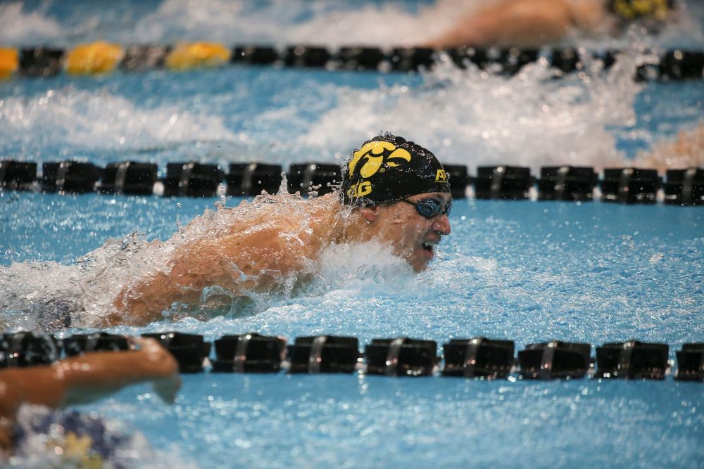 Iowa’s Michael Tenney swims the 200-yard butterfly during the Iowa swimming and diving meet vs Notre Dame and Illinois on Saturday, January 11, 2020 at the Campus Recreation and Wellness Center. (Lily Smith/hawkeyesports.com)