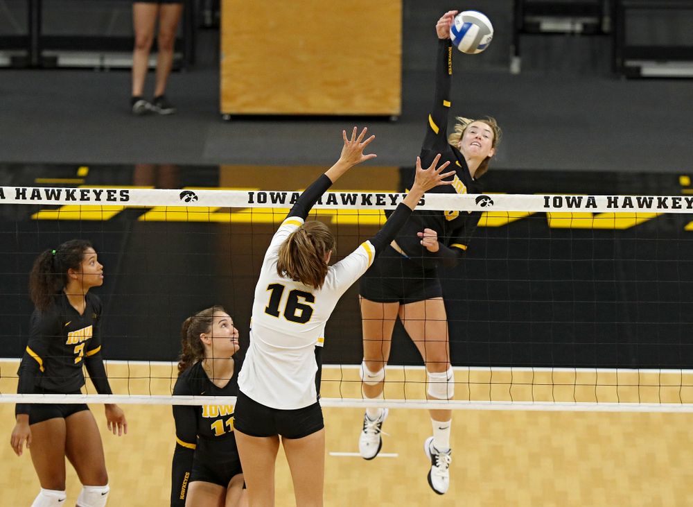 Iowa’s Meghan Buzzerio (5) during the first set of the Black and Gold scrimmage at Carver-Hawkeye Arena in Iowa City on Saturday, Aug 24, 2019. (Stephen Mally/hawkeyesports.com)