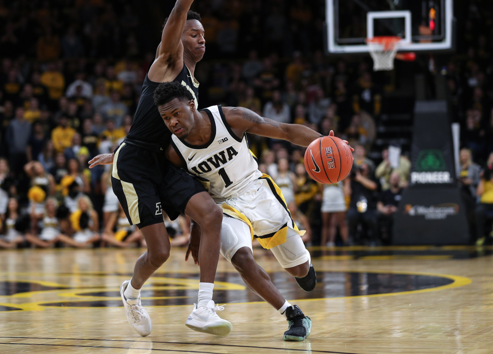 Iowa Hawkeyes guard Joe Toussaint (1) against the Purdue Boilermakers Tuesday, March 3, 2020 at Carver-Hawkeye Arena. (Brian Ray/hawkeyesports.com)