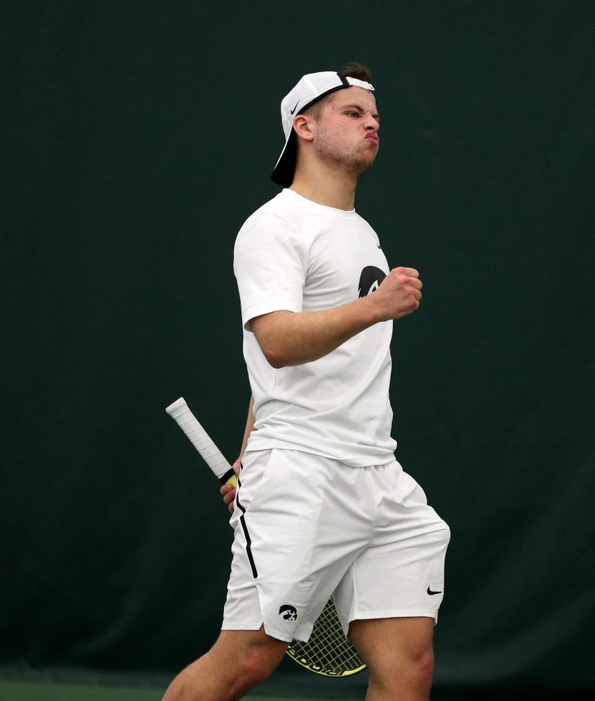 Iowa’s Will Davies against Cornell Sunday, March 8, 2020 at the Hawkeye Tennis and Recreation Center. (Brian Ray/hawkeyesports.com)